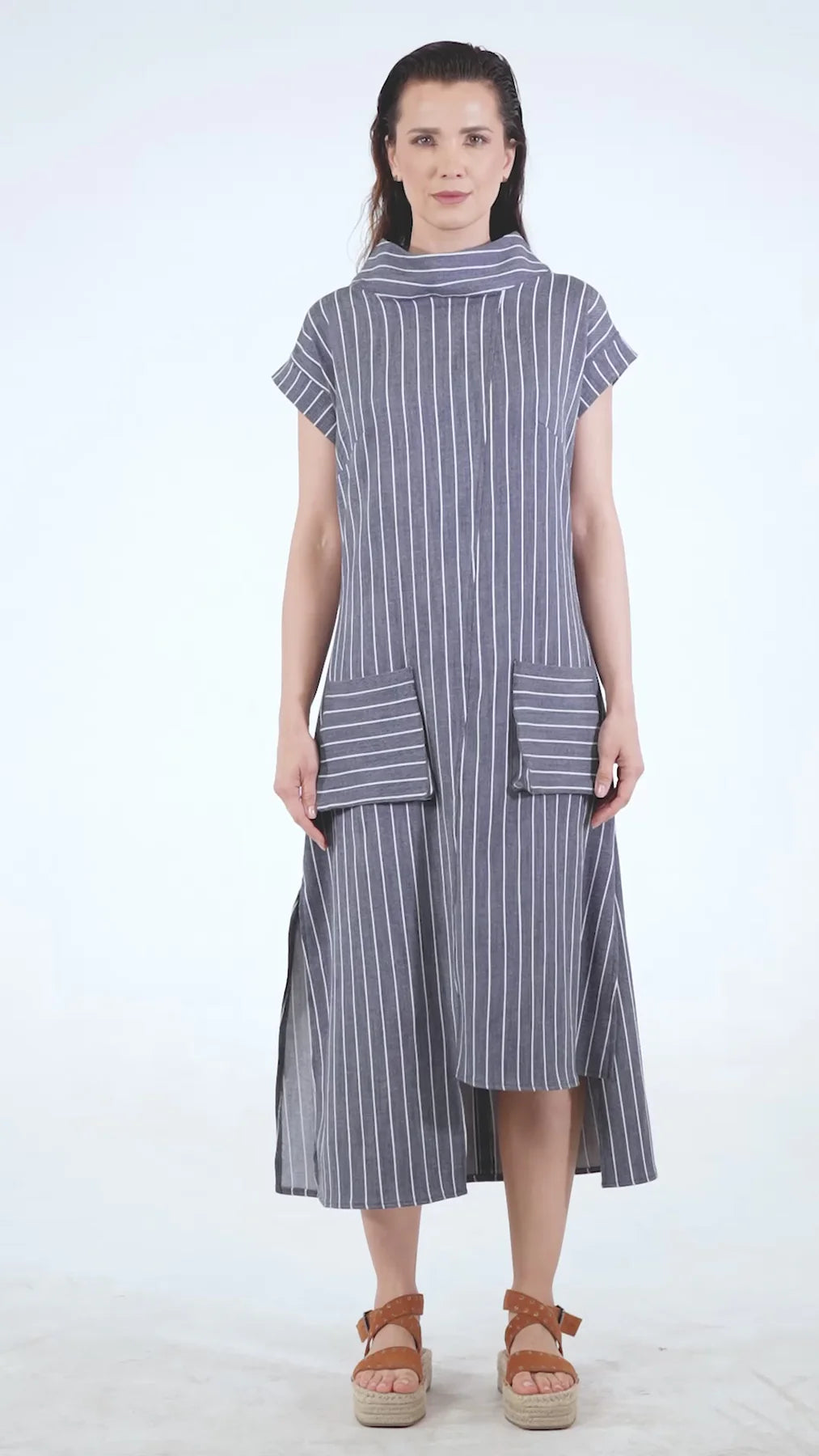 Metamorphoza   |    Midi Striped Denim Dress In Dark Blue