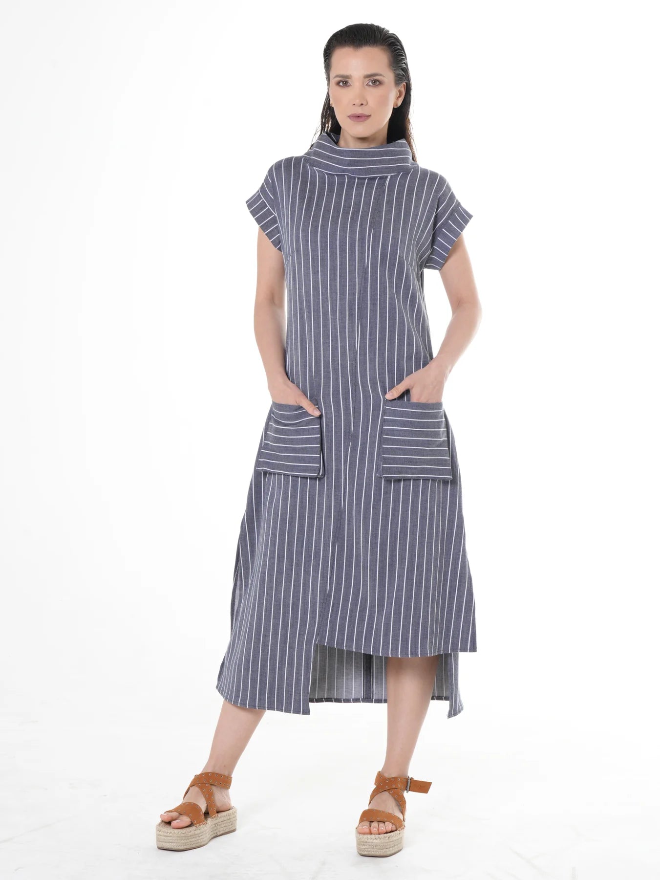 Metamorphoza   |    Midi Striped Denim Dress In Dark Blue