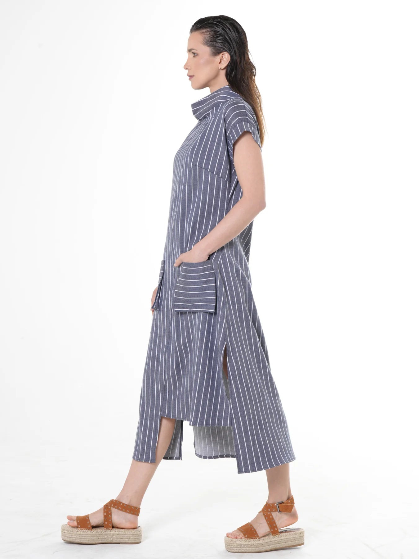 Metamorphoza   |    Midi Striped Denim Dress In Dark Blue