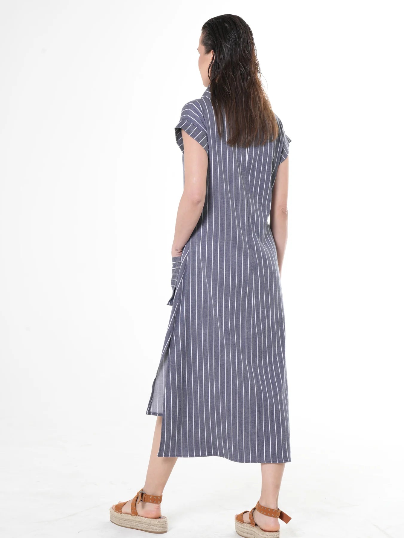 Metamorphoza   |    Midi Striped Denim Dress In Dark Blue