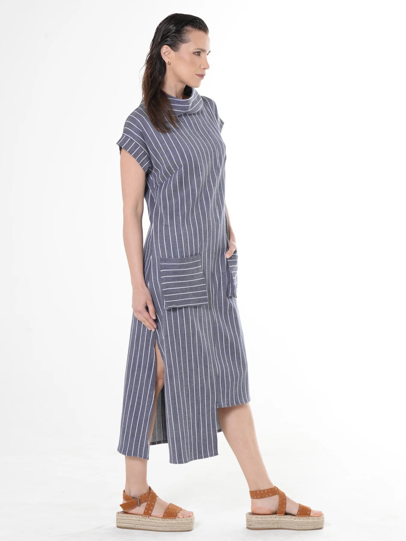 Metamorphoza   |    Midi Striped Denim Dress In Dark Blue