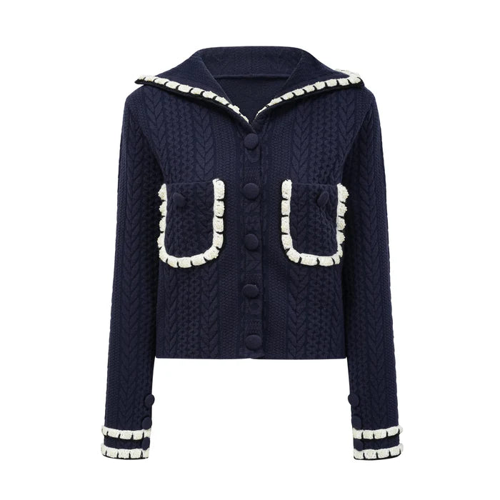 Miss Rosier   |    Elvira navy blue crochet-knit cardigan