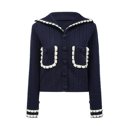 Miss Rosier   |    Elvira navy blue crochet-knit cardigan