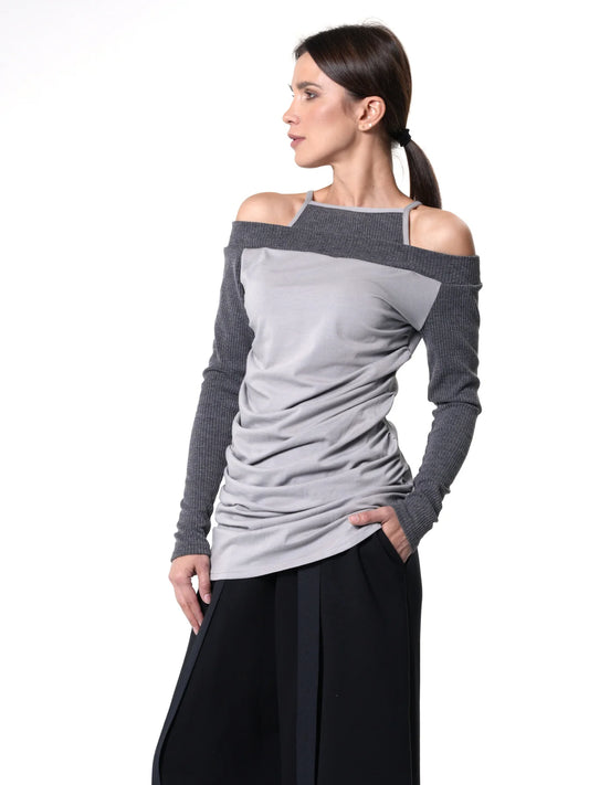 Metamorphoza   |   Open Shoulders Long Sleeve Top in Gray
