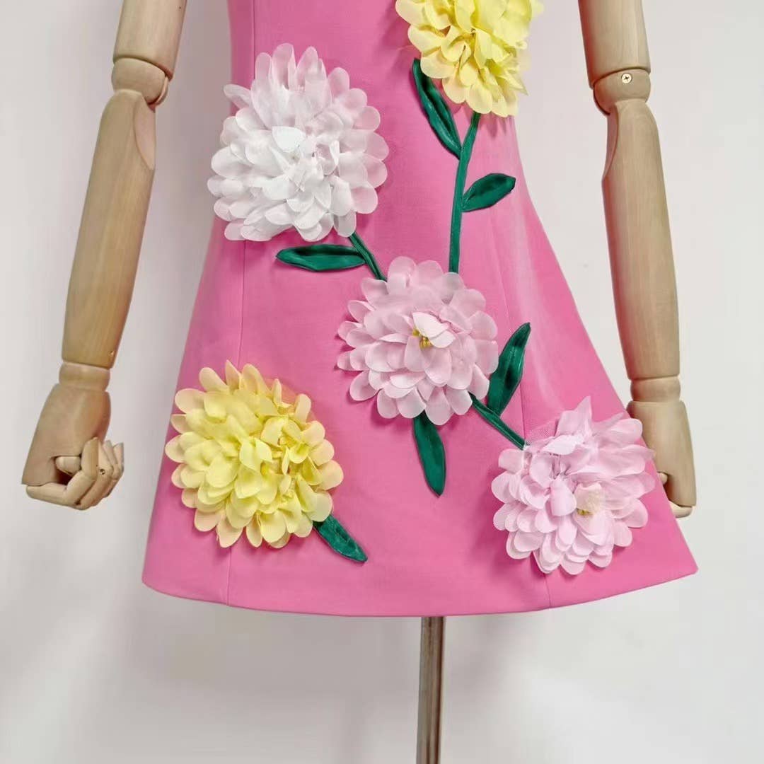 DR510Y Summer 3D Floral Embroidered Sleeveless Vest Dress: Pink / English / L