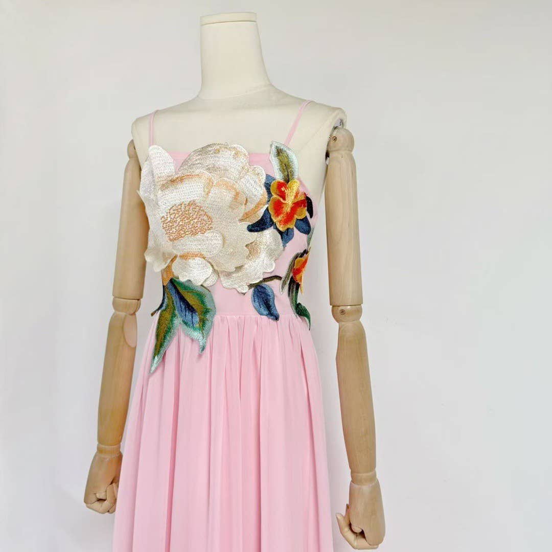 DR533Y Elegant Summer Embroidered 3D Floral Suspender Dress: Pink / English / L
