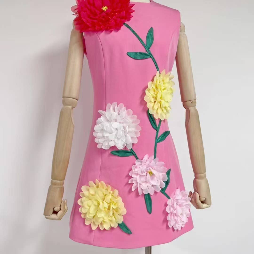 DR510Y Summer 3D Floral Embroidered Sleeveless Vest Dress: Pink / English / L