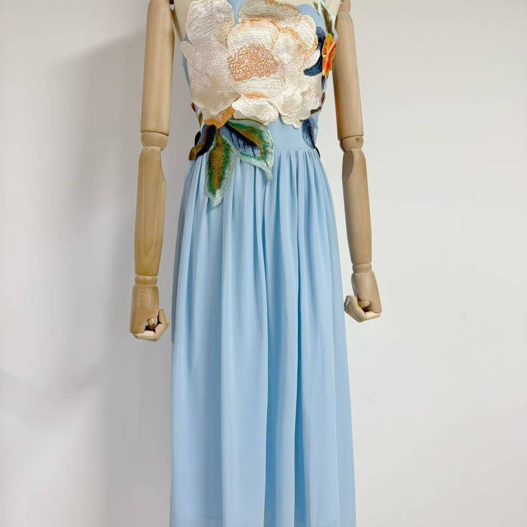 DR533Y Elegant Summer Embroidered 3D Floral Suspender Dress: Pink / English / L