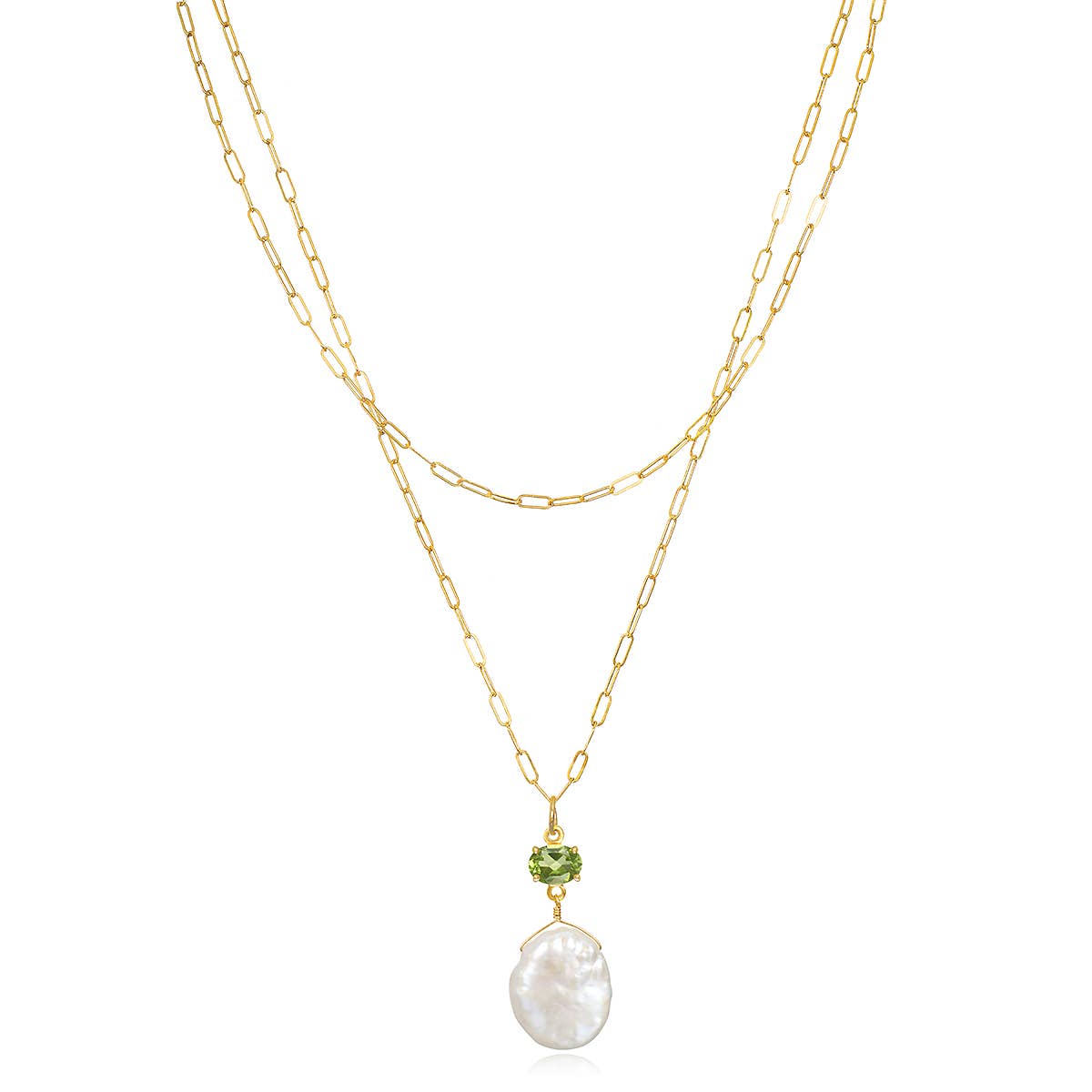 Layered Peridot & Keshi Pearl Necklace: Gold