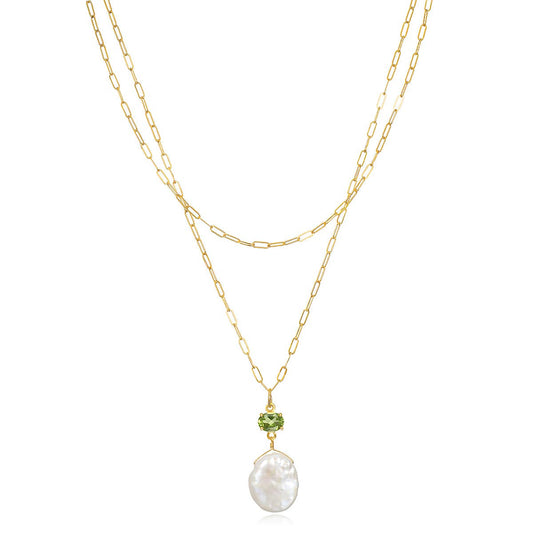 Layered Peridot & Keshi Pearl Necklace: Gold