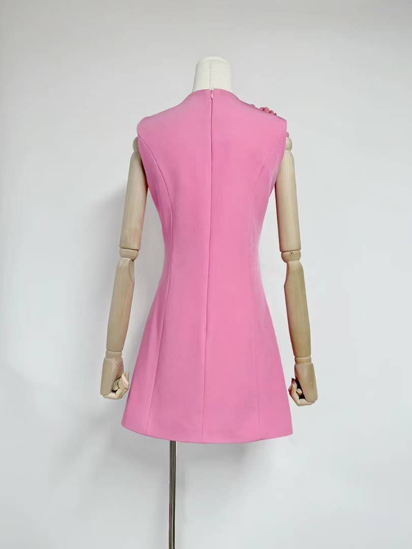 DR510Y Summer 3D Floral Embroidered Sleeveless Vest Dress: Pink / English / L