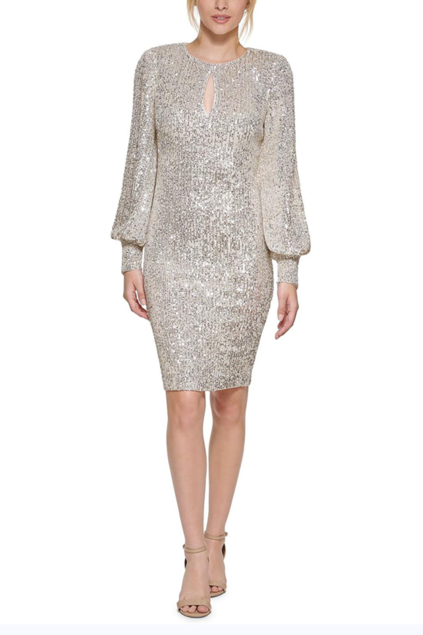 Eliza J Long Sleeve Keyhole Sequined Party Dress: SILVER / 10