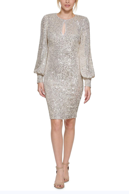 Eliza J Long Sleeve Keyhole Sequined Party Dress: SILVER / 6