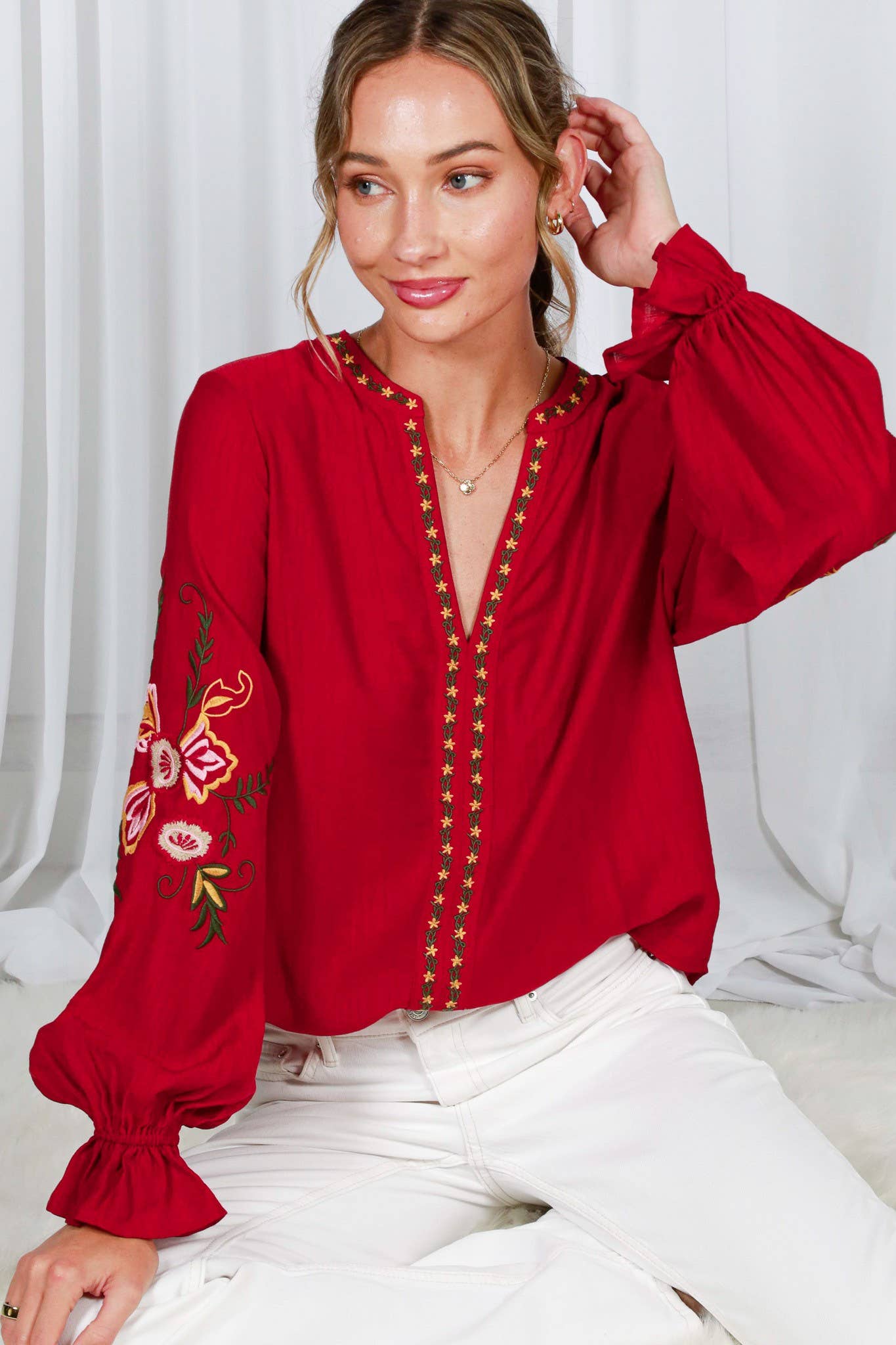 Bohemian Floral Embroidered Round Split Neck Blouse VT82505: Black / M
