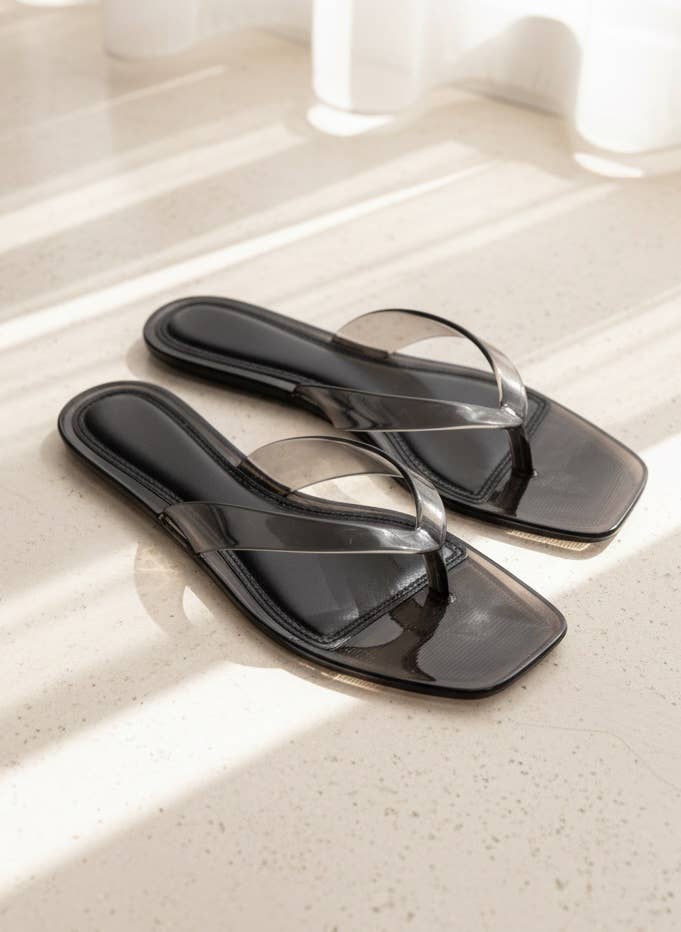 ROME-01 Jelly Thong Sandals Square Toe Clear Trend Flats: SMOKE / B18