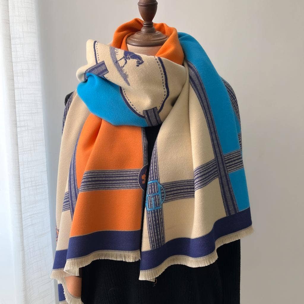 Equestrian Turq/Orange Prance Reversible Wrap– Artisan Shawl