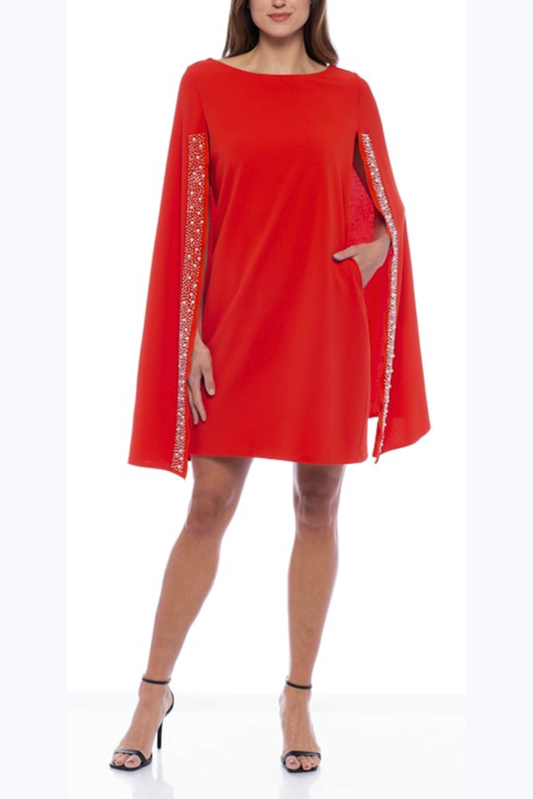 Marina Cape Sleeve Embellished Sheath Dress: RED / M