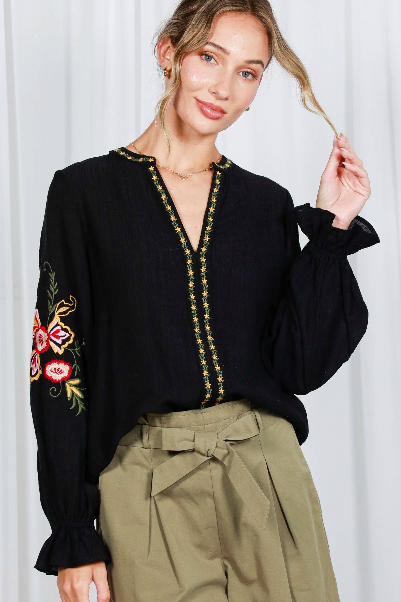 Bohemian Floral Embroidered Round Split Neck Blouse VT82505: Black / S