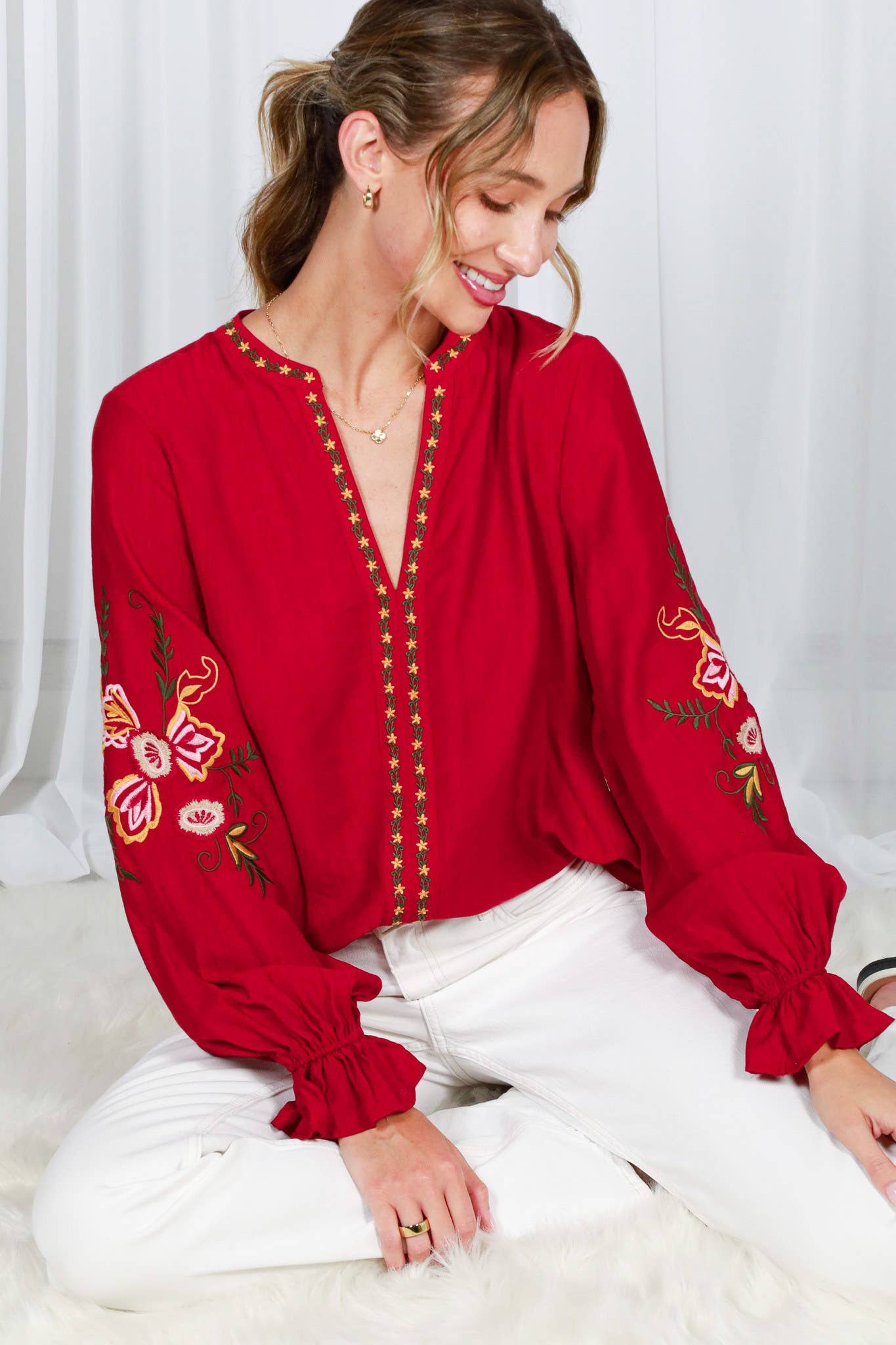 Bohemian Floral Embroidered Round Split Neck Blouse VT82505: Black / S