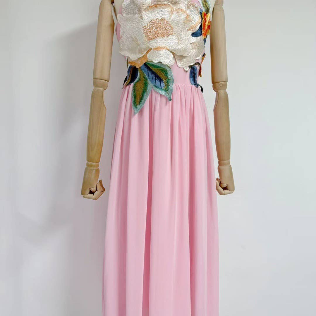 DR533Y Elegant Summer Embroidered 3D Floral Suspender Dress: Blue / English / L