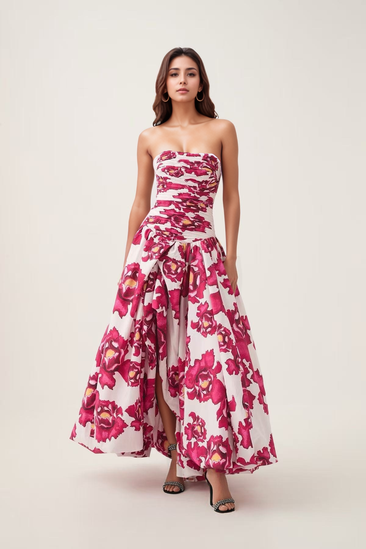 DR951Y Strapless Printed High Slit Maxi Dress for Women: Light blue / English / M