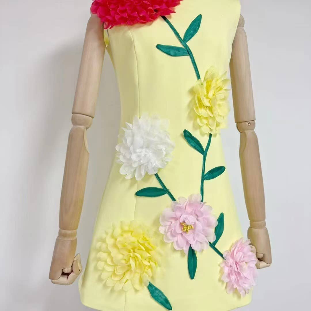 DR510Y Summer 3D Floral Embroidered Sleeveless Vest Dress: Yellow / English / M