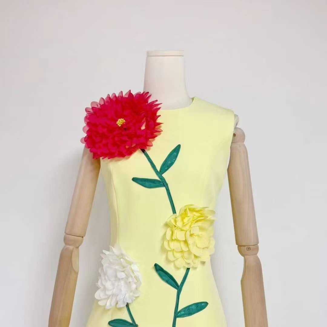 DR510Y Summer 3D Floral Embroidered Sleeveless Vest Dress: Yellow / English / M