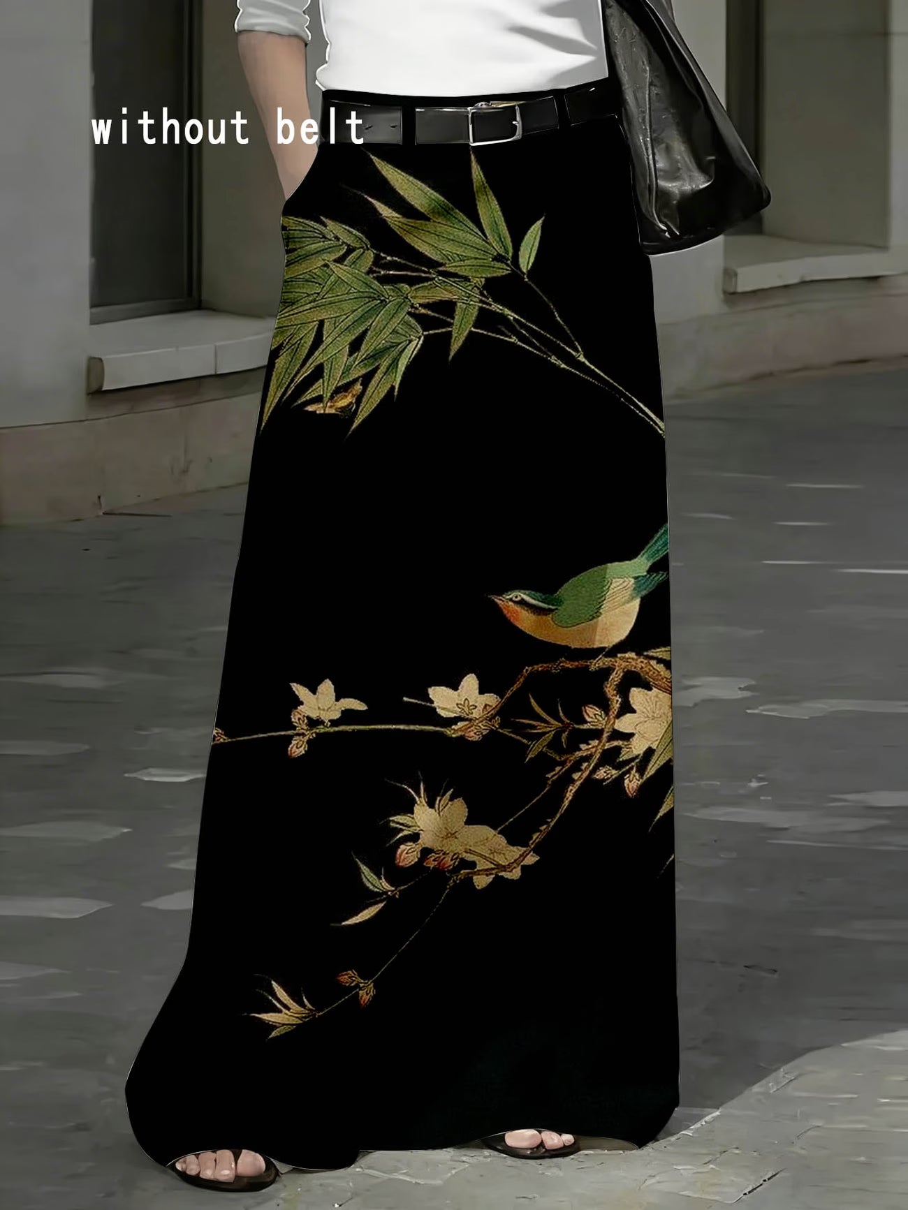Black Floral Bird Maxi Skirt