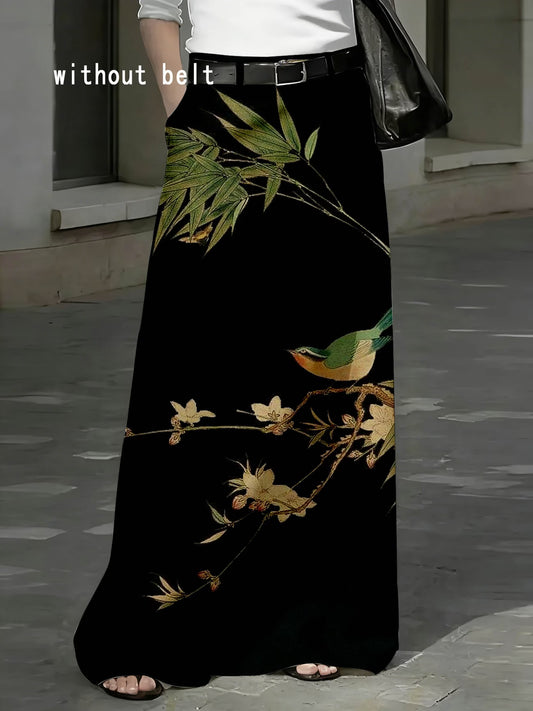 Black Floral Bird Maxi Skirt