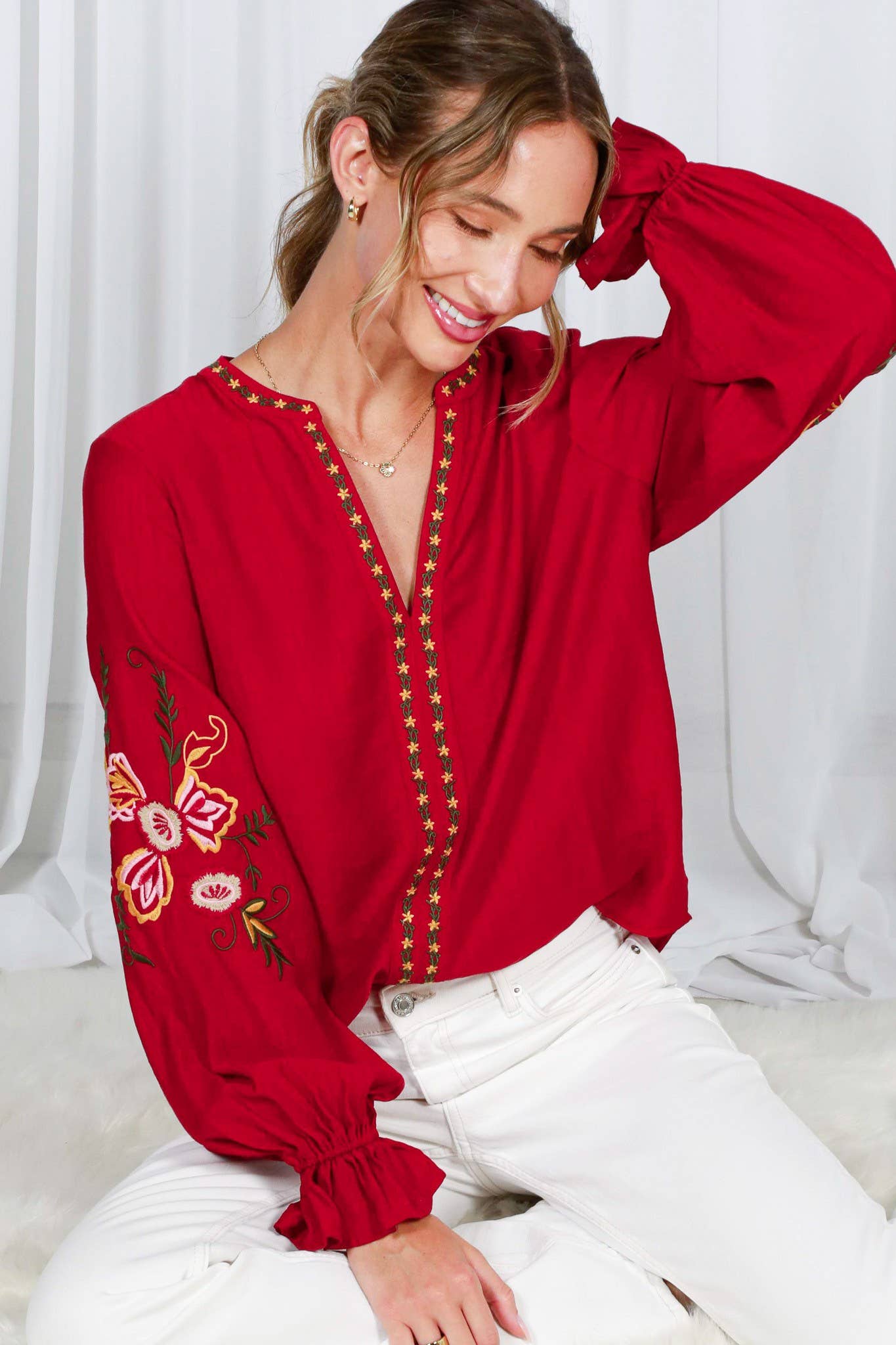 Bohemian Floral Embroidered Round Split Neck Blouse VT82505: Black / L