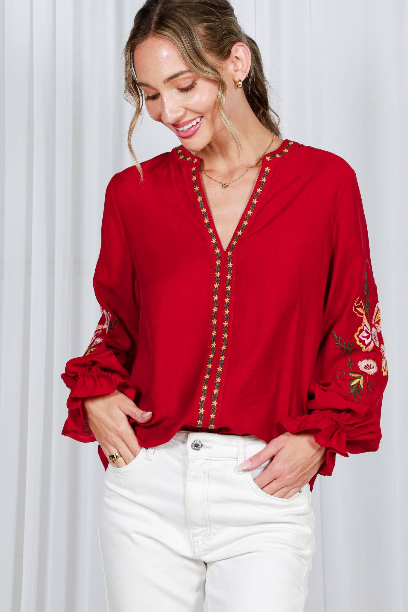 Bohemian Floral Embroidered Round Split Neck Blouse VT82505: Black / L