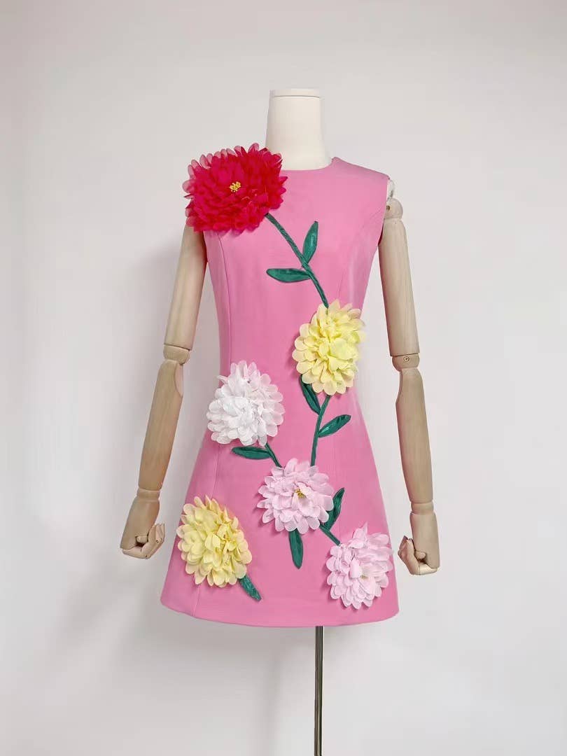 DR510Y Summer 3D Floral Embroidered Sleeveless Vest Dress: Yellow / English / M