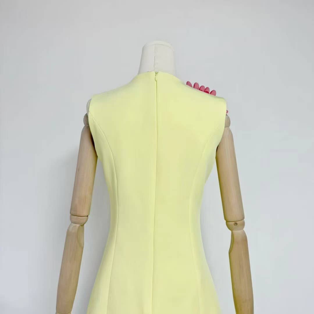 DR510Y Summer 3D Floral Embroidered Sleeveless Vest Dress: Yellow / English / M
