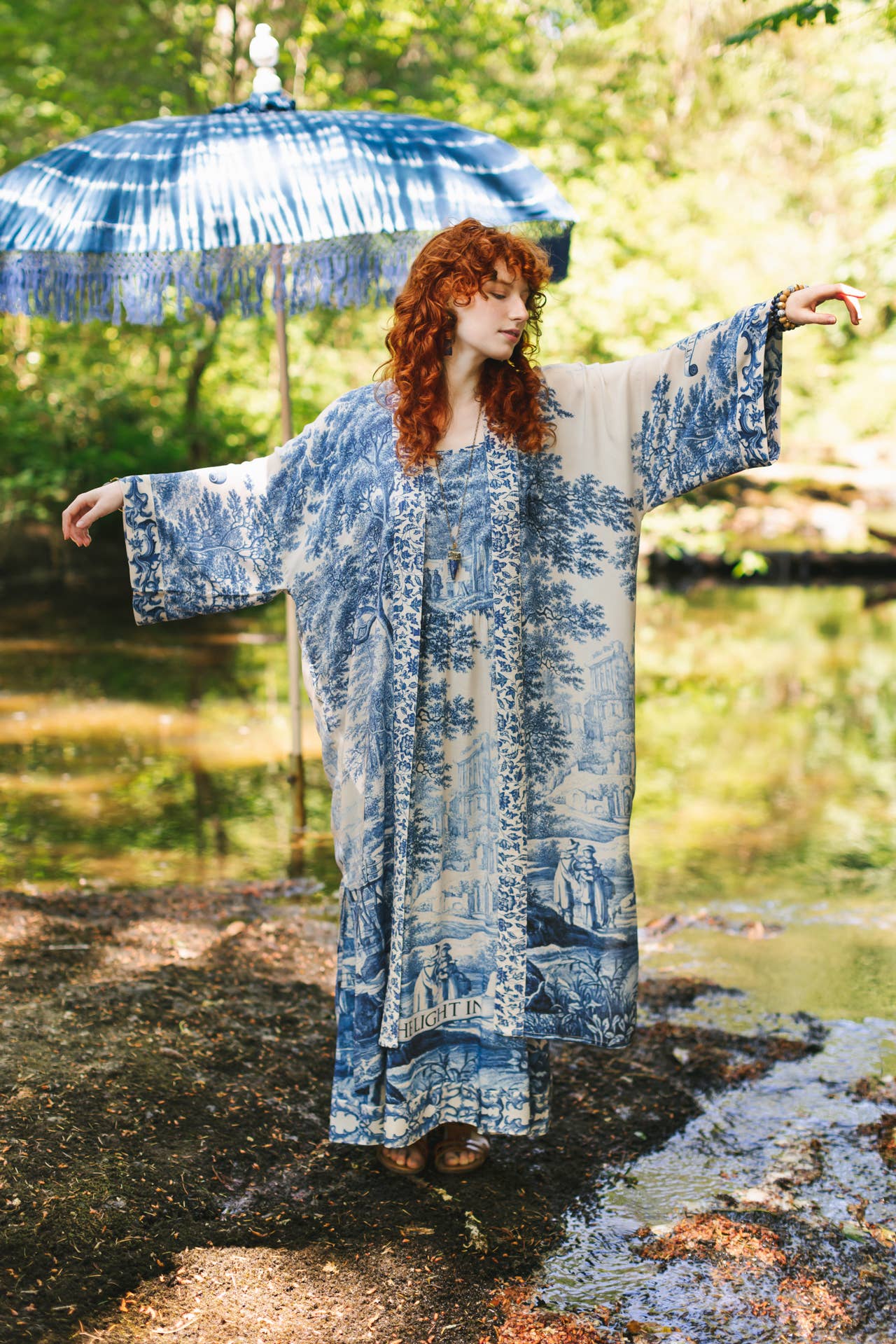 Let The Light In Bohéme Long Maxi Slip Dress w Delft Print: L/XL (fits approx. size 12-16)