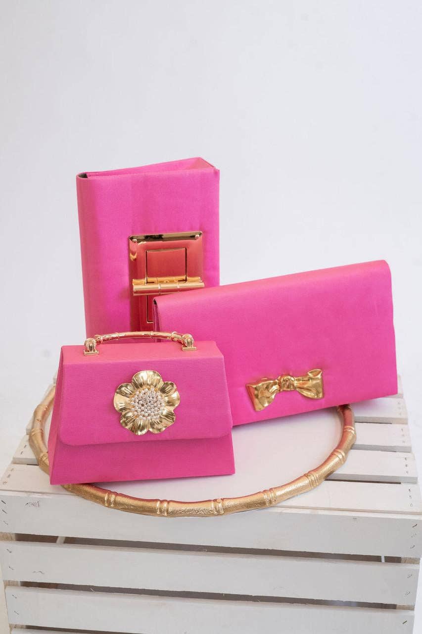 Pink Lulu with Gold Bamboo Handle - Poppy & Pearl Charm- WS