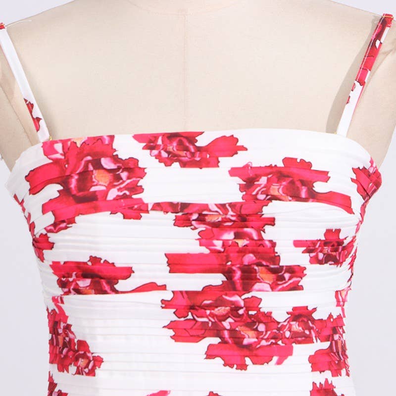 DR951Y Strapless Printed High Slit Maxi Dress for Women: Red / English / M