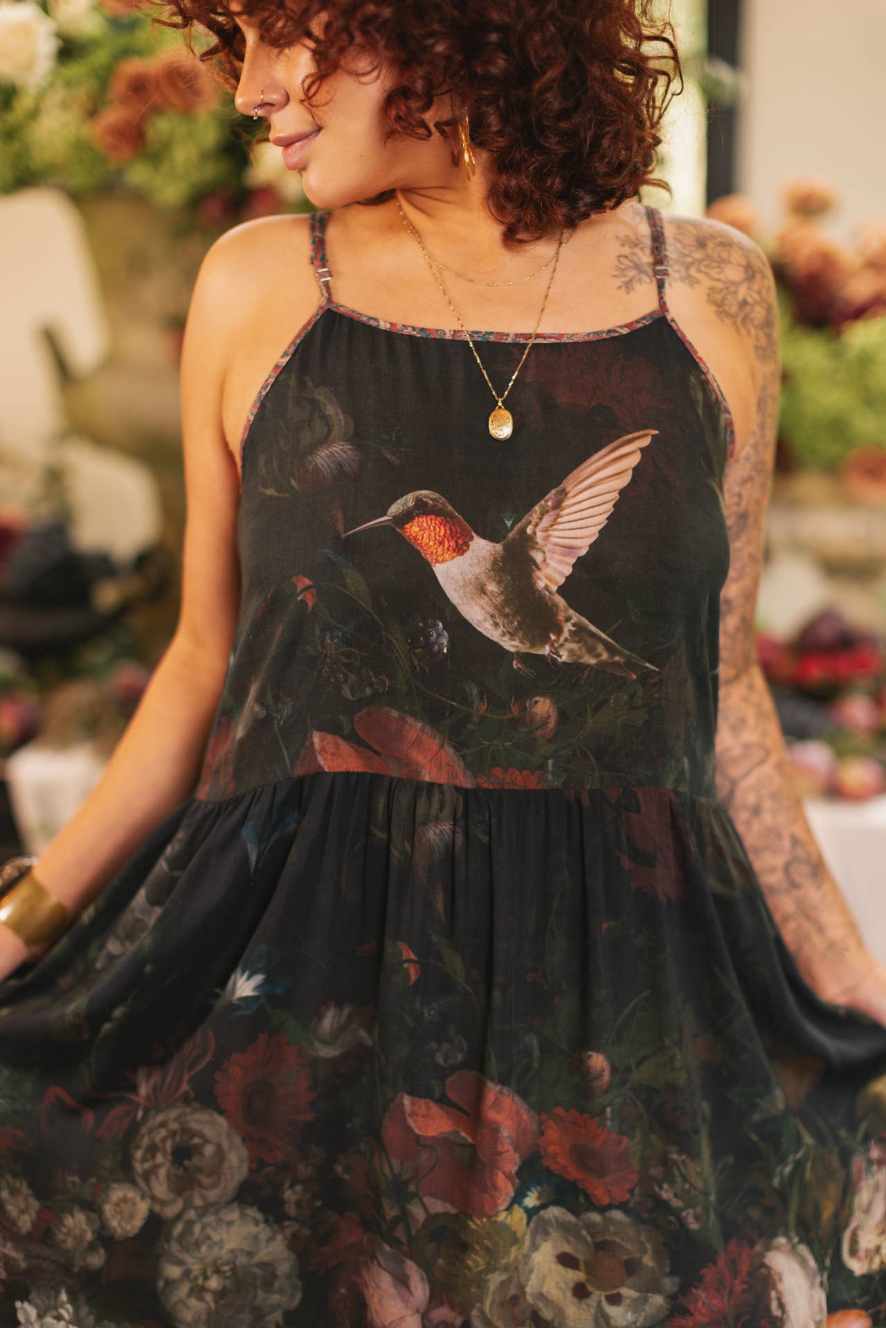 Flight of Fancy Bohéme Long Maxi Slip Dress w/Hummingbirds: S/M (fits approx. size 6-10)