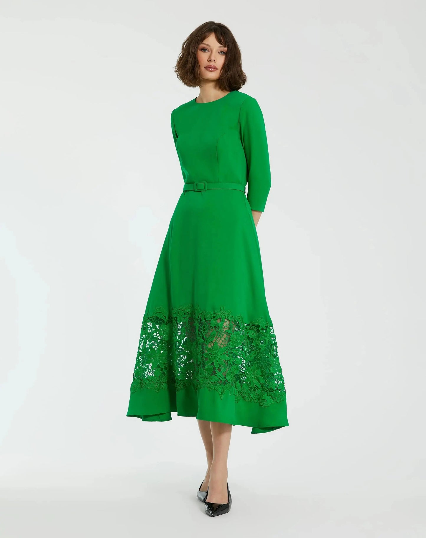 Illusion Skirt Three-Quarter Sleeve Dress Boat Neck Midi Dress With Applique Cut Out