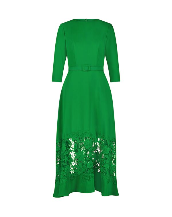 Illusion Skirt Three-Quarter Sleeve Dress Boat Neck Midi Dress With Applique Cut Out