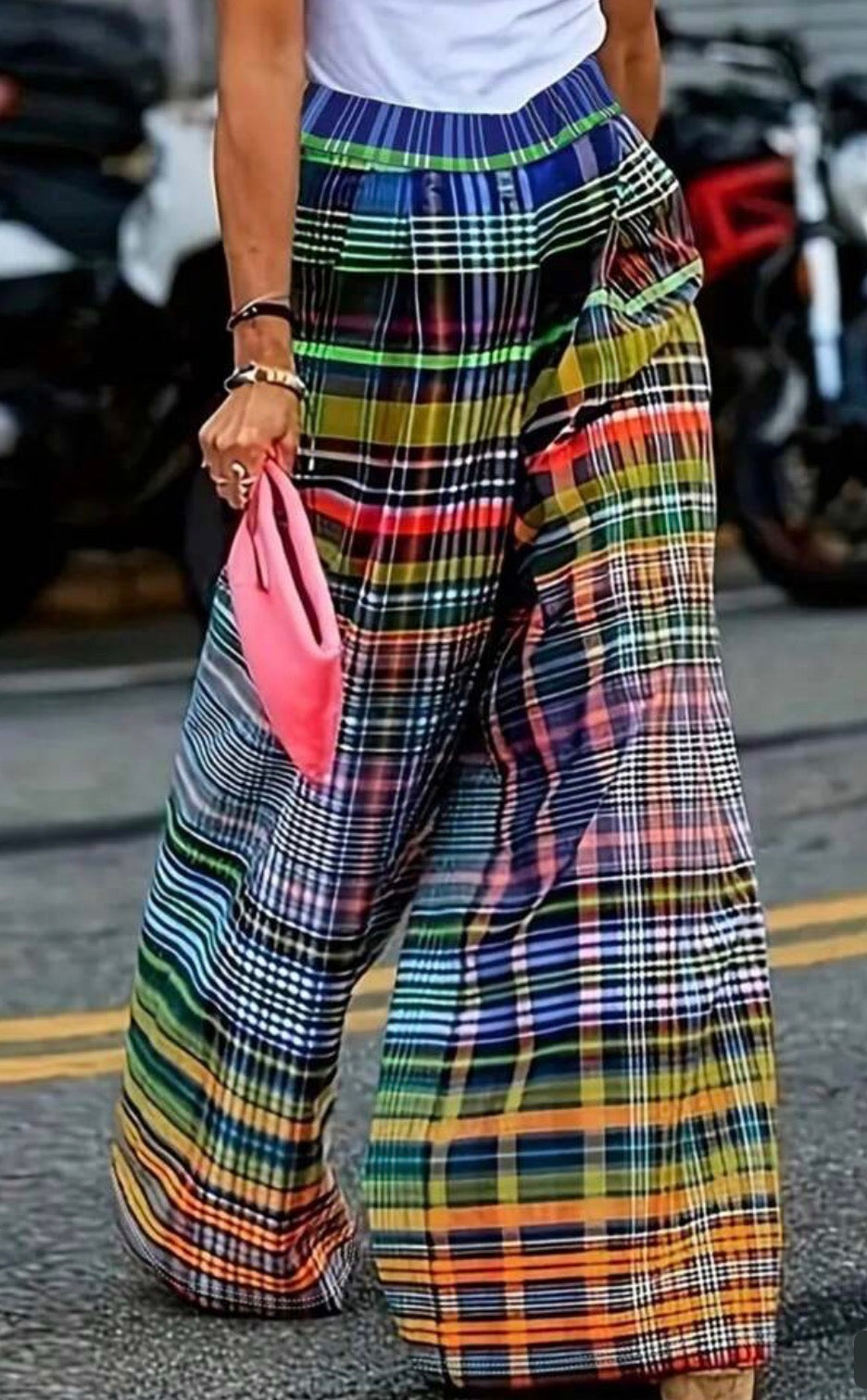 Plain wide leg checkerboard printed casual pants