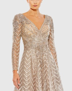 Taupe Sequin Embellished Long Sleeve Wrap Dress
