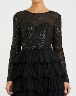 Black Long Sleeve Ruffle Tiered Midi Dress