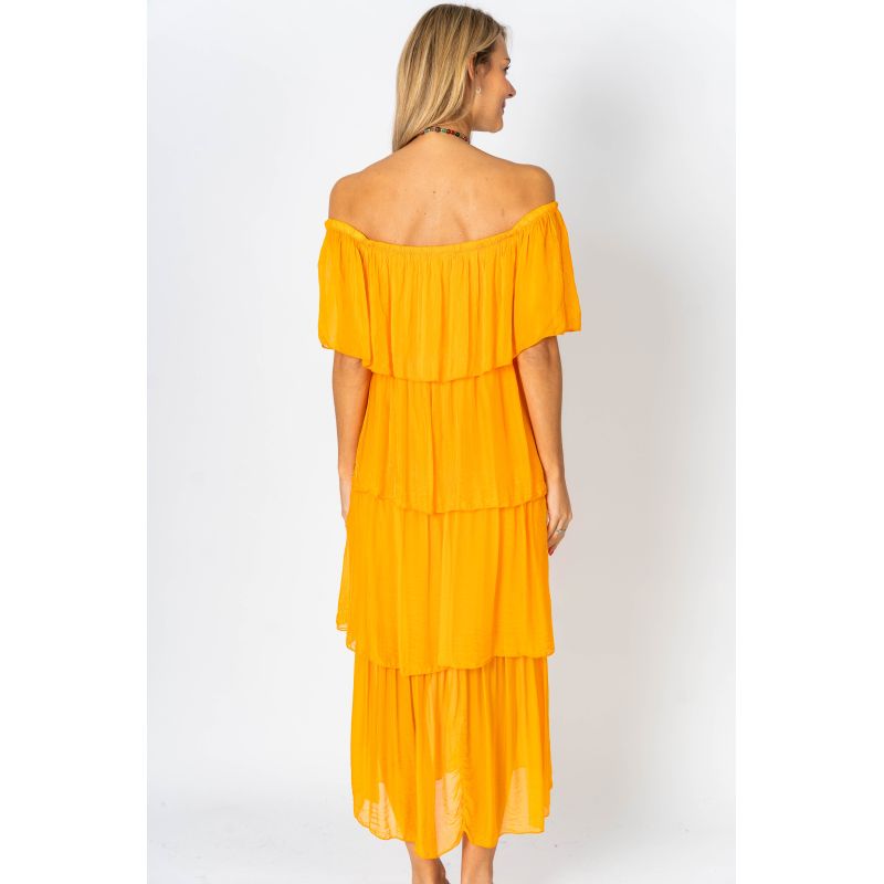 off shoulder layered silk dress